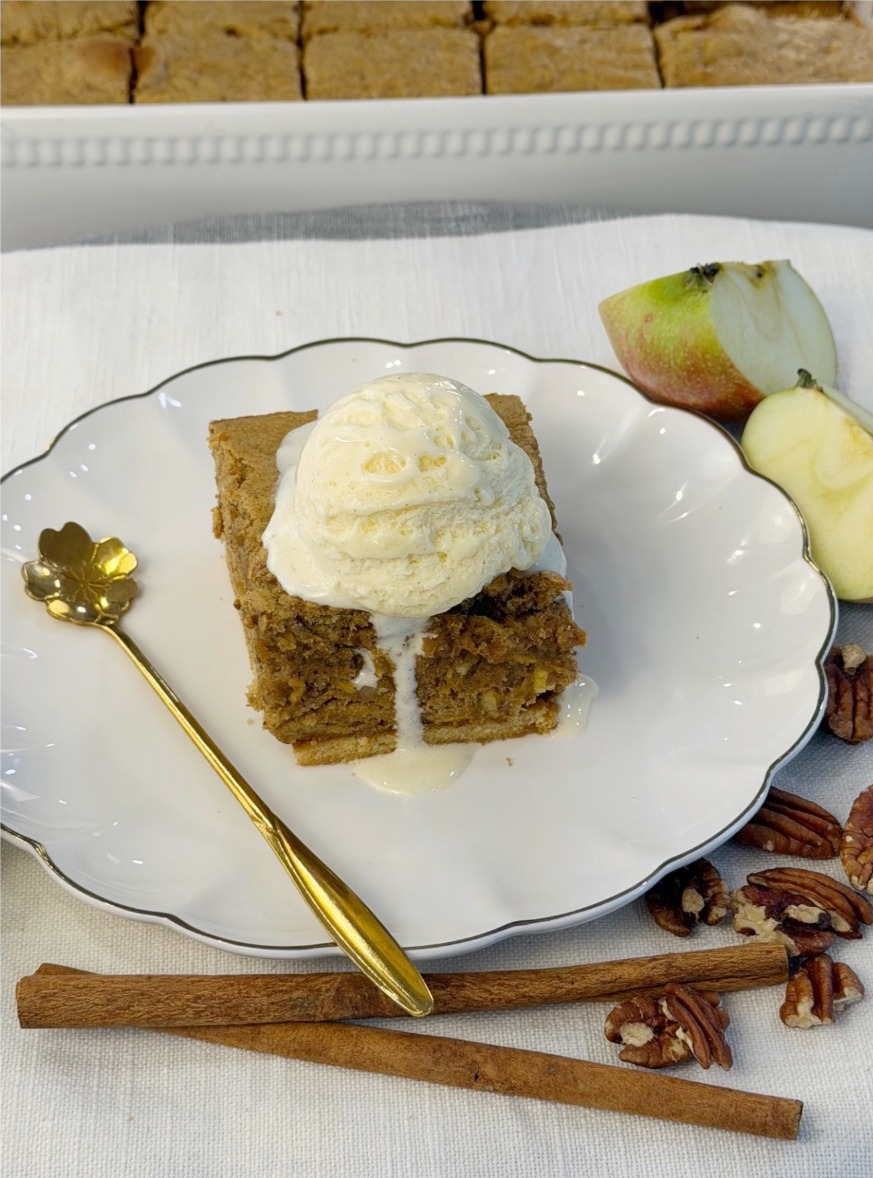 Apple Walnut Cinnamon Cake with a Buttery Tea Biscuit Base